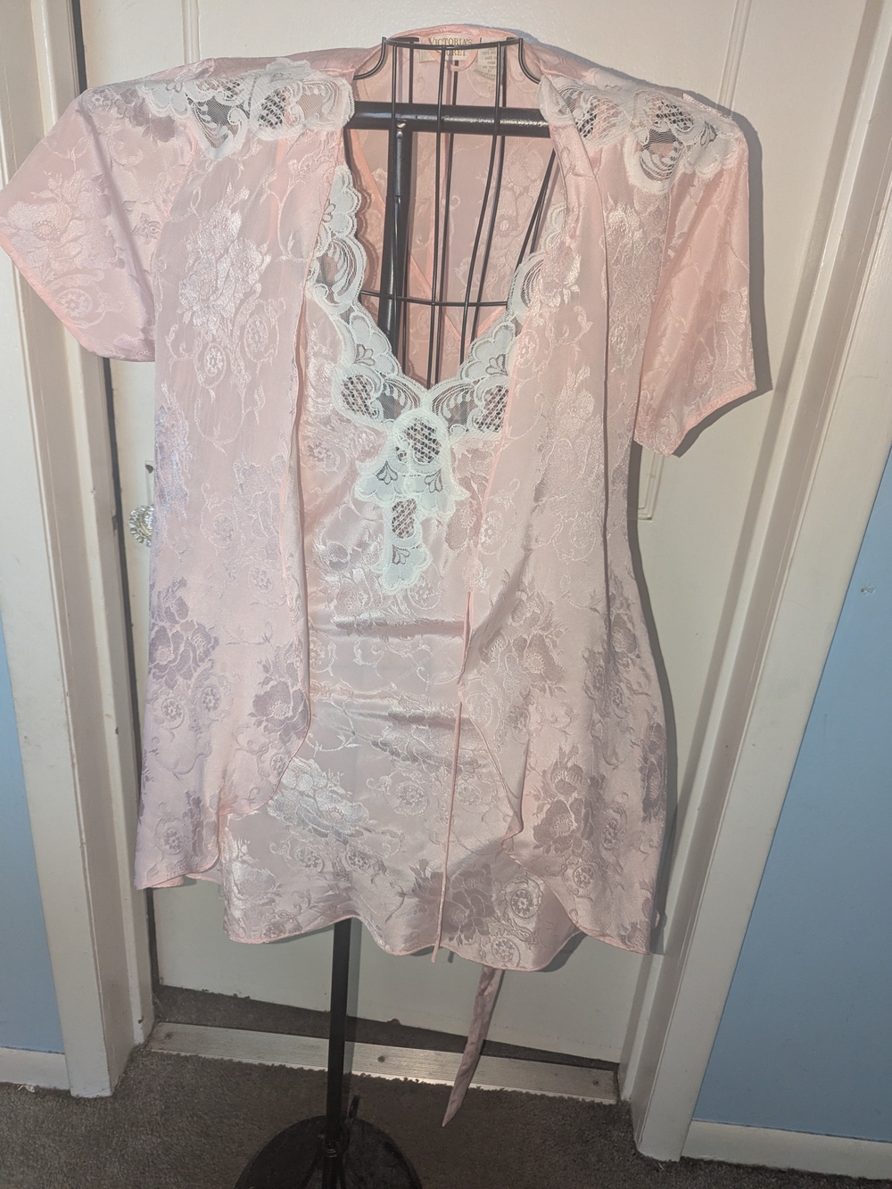 Victoria's Secret Light Pink Satin Chemise and Lace-Trim Robe Set